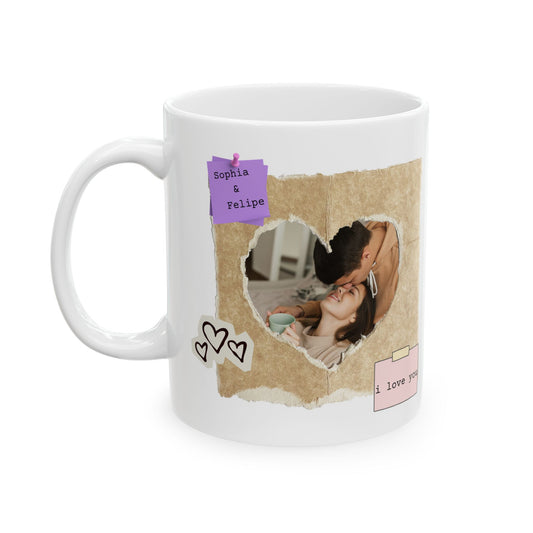 Personalized Photo Mug – Vintage Paper Heart Love Gift with Names