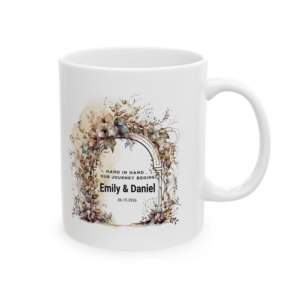 Personalized Wedding Mug – Custom Couple Gift with Names & Date, Floral Arch Mug, Engagement Gift, Bride & Groom Keepsake