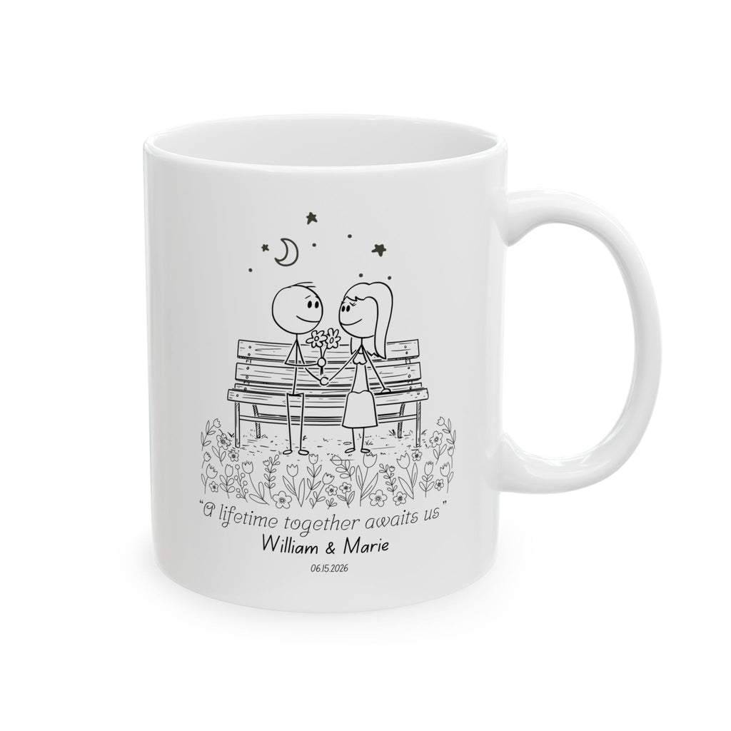 Personalized Wedding Mug for Couple – “A Lifetime Together Awaits Us” Custom Coffee Cup, Romantic Engagement Gift, Bride & Groom Mug with Names and Date