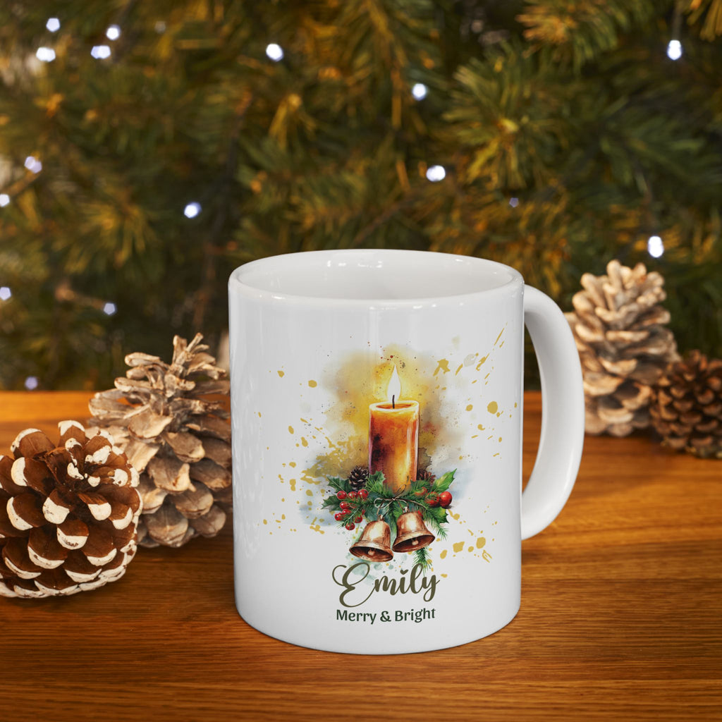 Personalized Christmas Candle Mug | Custom Name Christmas Coffee Mug | Merry & Bright Holiday Gift | Watercolor Christmas Mug