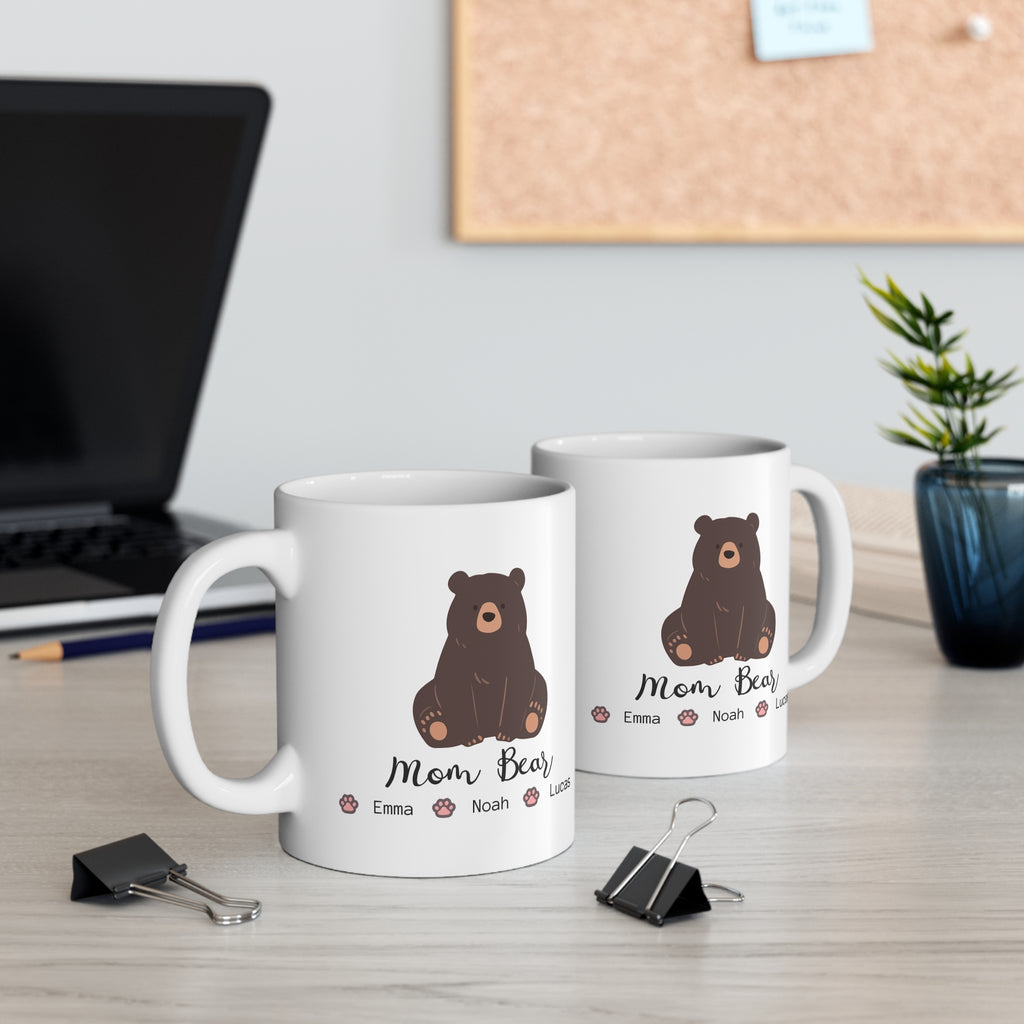 Personalized Mama Bear Mug – Kids Names Coffee Mug – Custom Mom Bear Mug with Paw Prints – Gift for Mom, Grandma, Nana