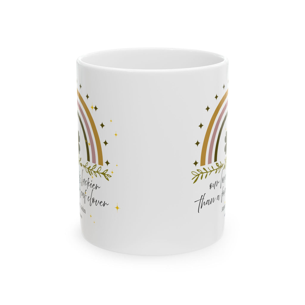 Personalized Vintage Rainbow Clover Mug – “Our Love Is More Lucky Than the Clover Leaf” – Custom Name & Year Gift – Lucky St. Patrick’s Day Mug