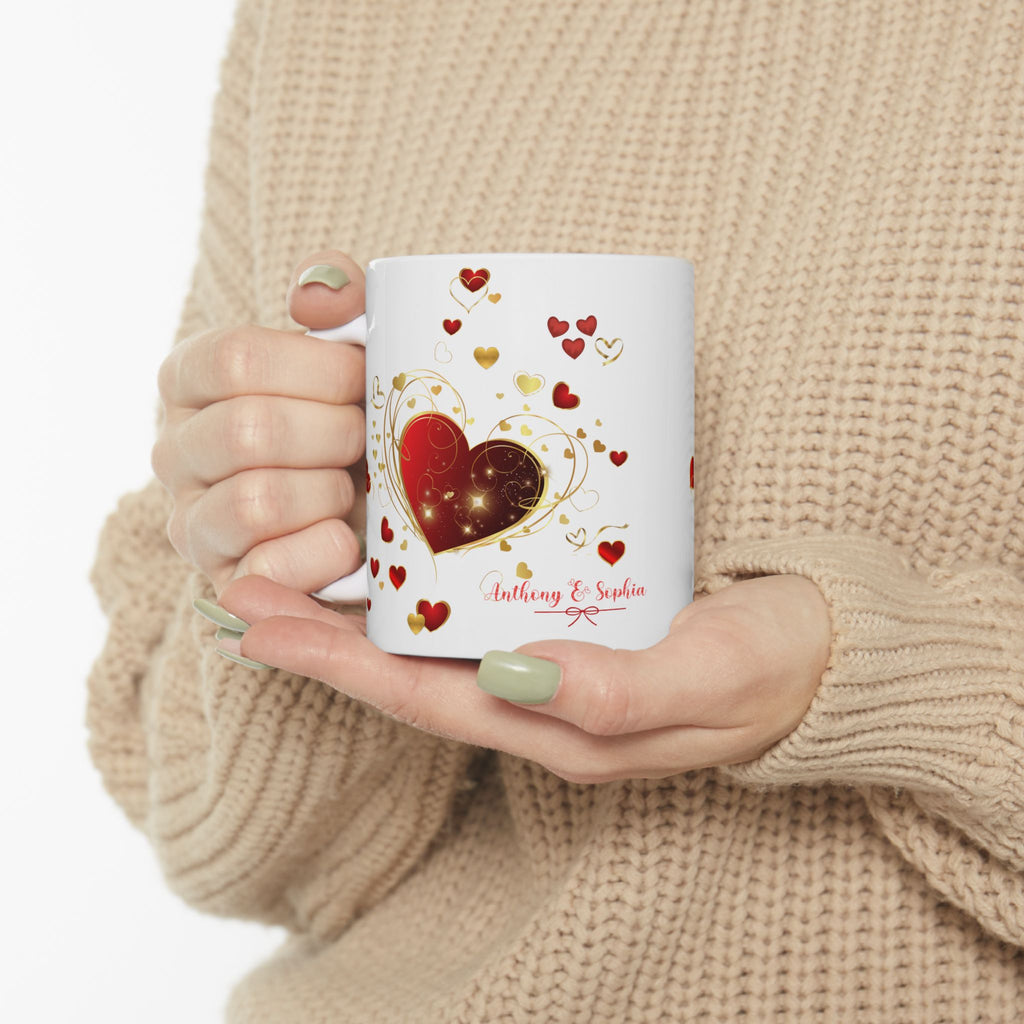 Personalized Heart Mug – Red and Gold Love Design with Couple Names
