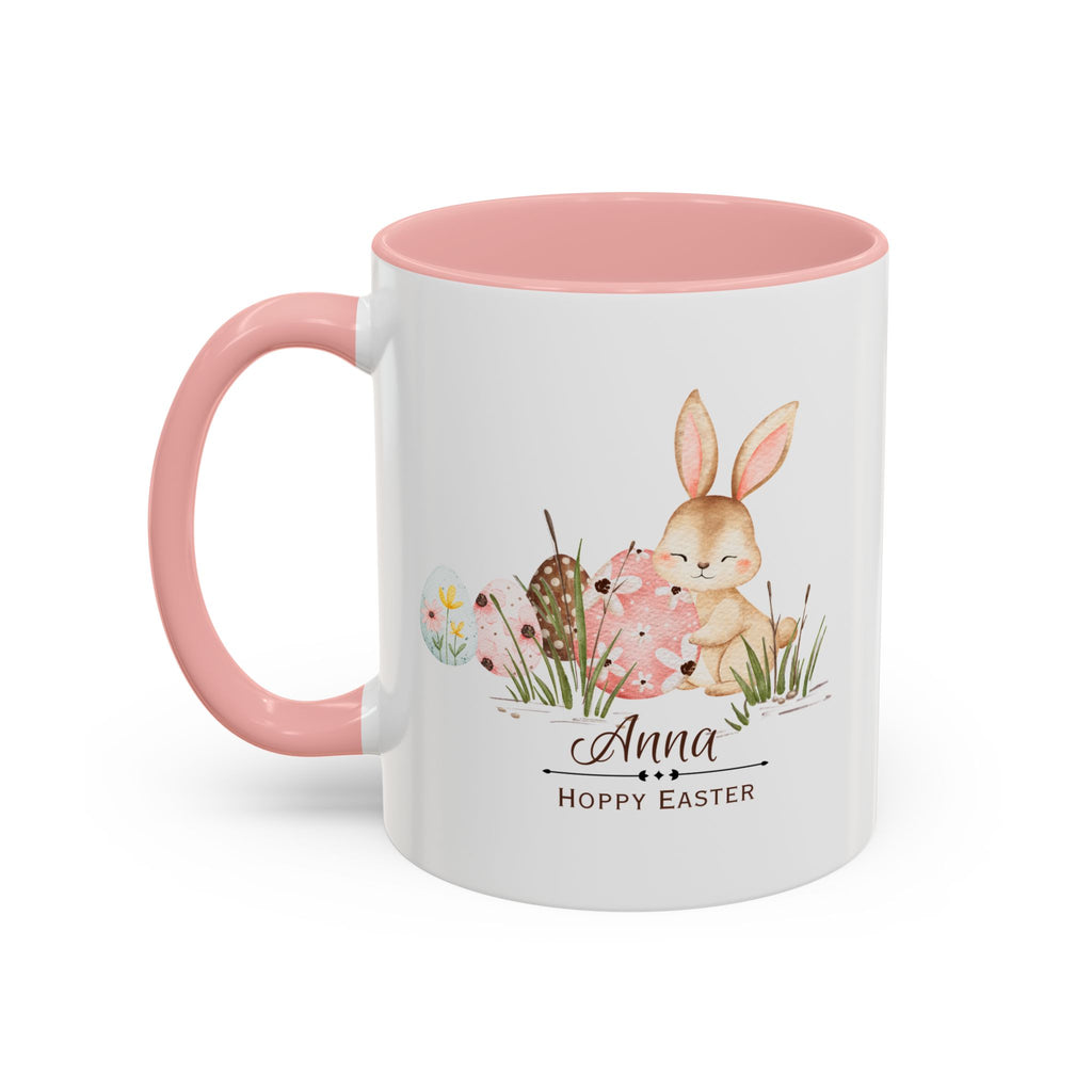 Personalized Easter Bunny Coffee Mug – Custom Name Accent Mug – “Hoppy Easter” Cute Bunny Mug – Easter Gift – Choose Your Favorite Color (11oz)