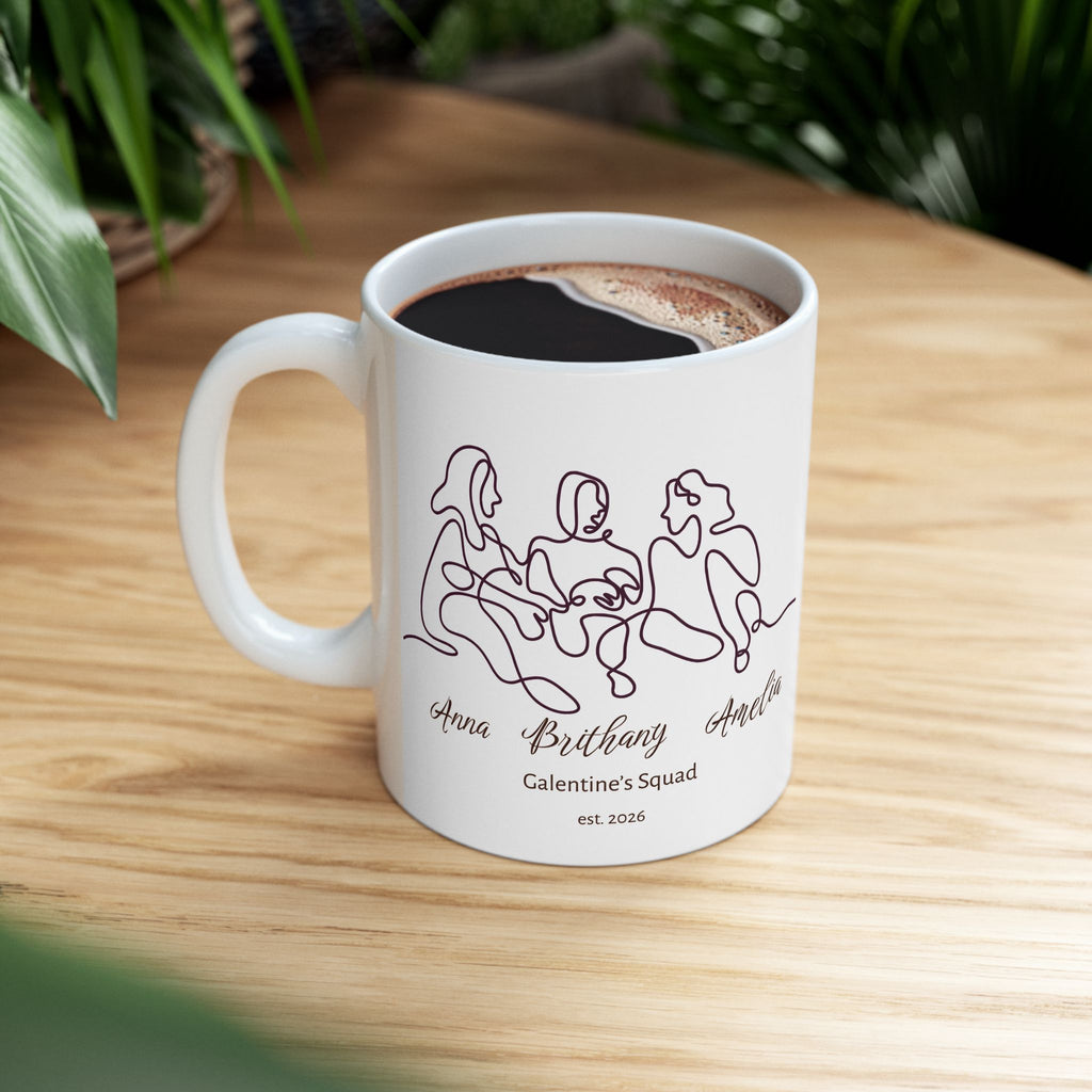 Galentine’s Squad Mug – Personalized Line Art Best Friends Mug with 3 Names, Friendship Gift for Galentine’s Day, Birthday & Anniversary