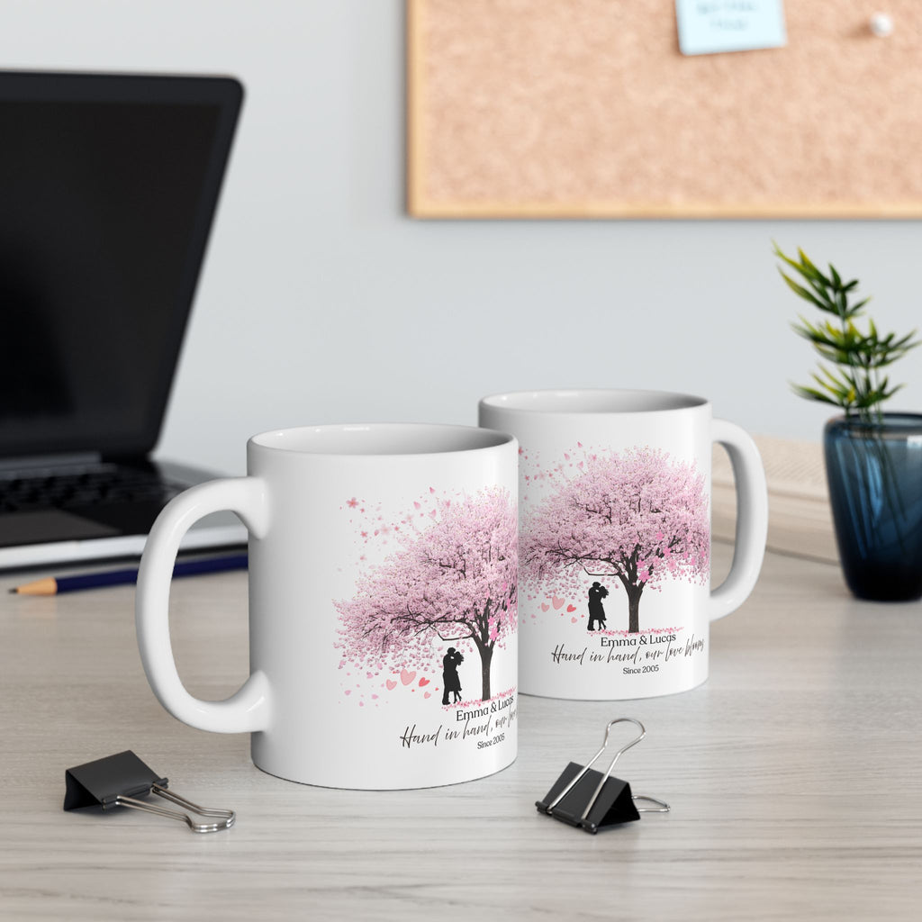 Personalized Couple Mug – Vintage Blossom Tree Love Gift with Names and Date
