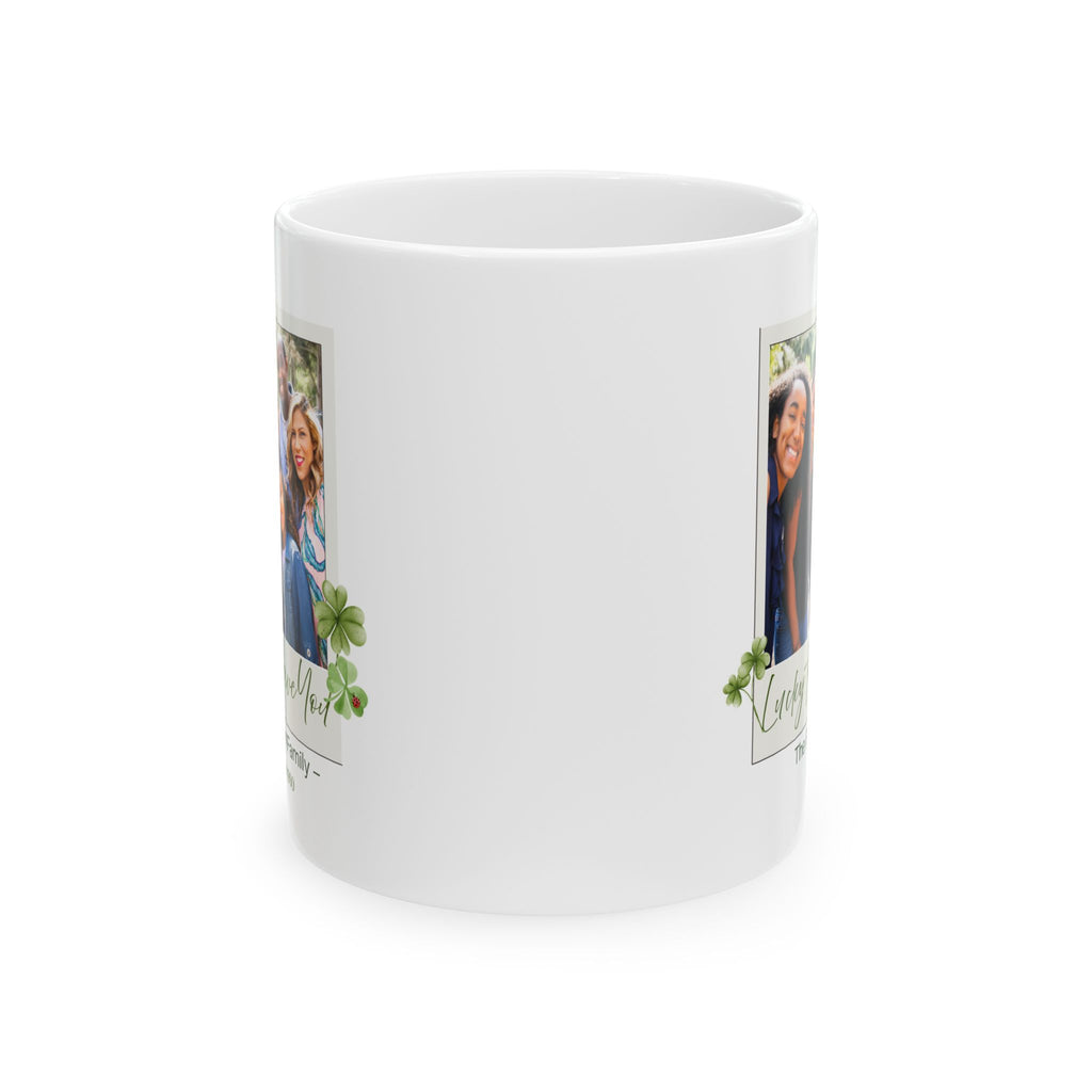 Personalized Family Photo Mug – Lucky to Have You – Custom Names & Date – Clover Keepsake Gift – Meaningful Family Coffee Cup