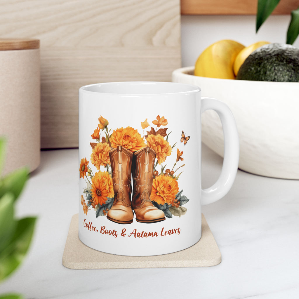 Coffee Boots & Autumn Leaves Mug | Fall Coffee Mug | Western Autumn Mug | Sunflower Fall Coffee Cup | Cozy Fall Gift for Women