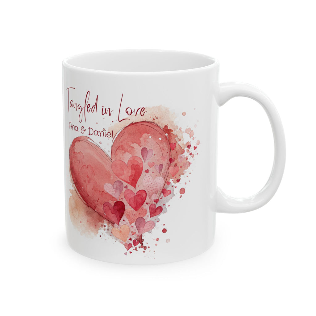 Personalized Tangled in Love Mug – Watercolor Heart Couple Gift with Names