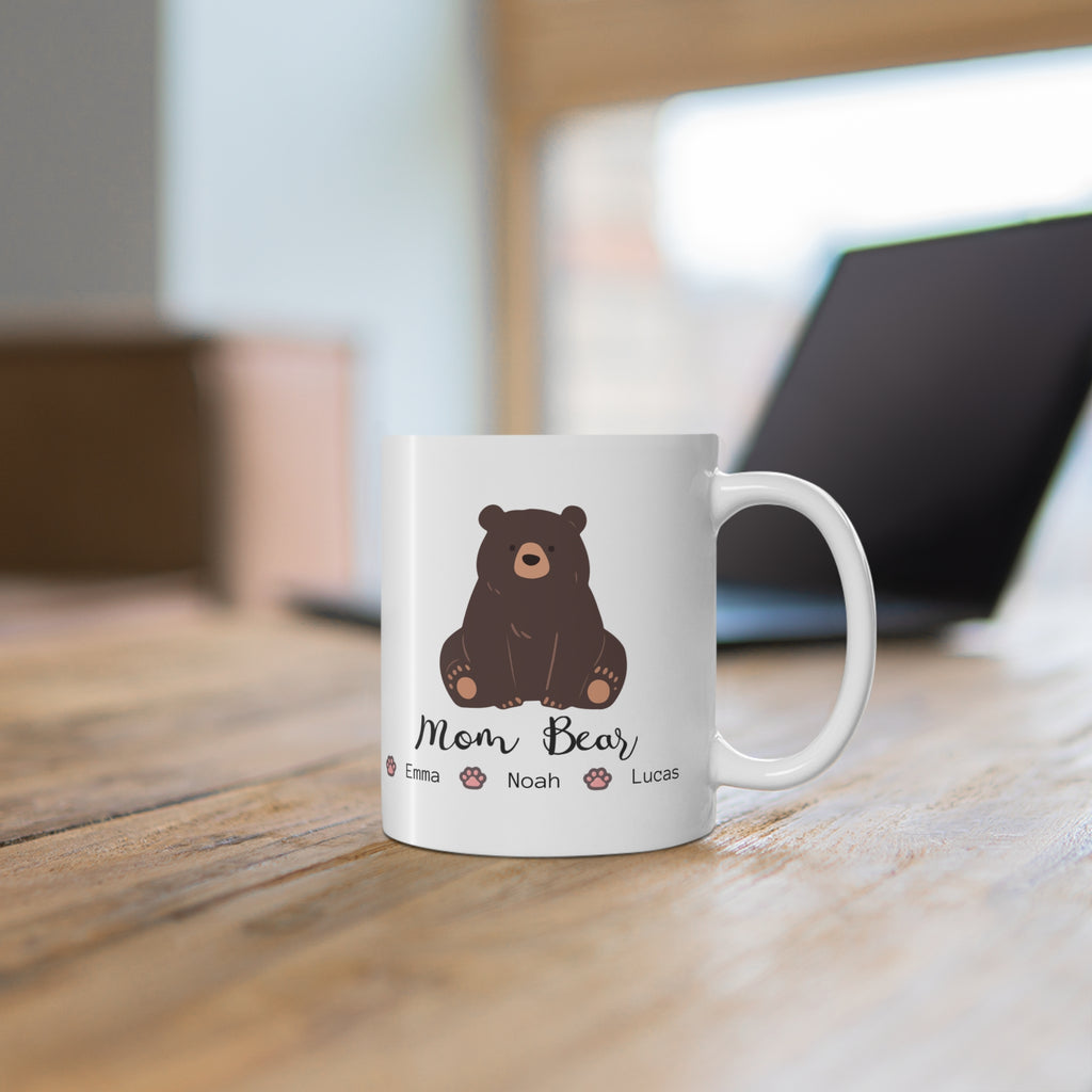 Personalized Mama Bear Mug – Kids Names Coffee Mug – Custom Mom Bear Mug with Paw Prints – Gift for Mom, Grandma, Nana