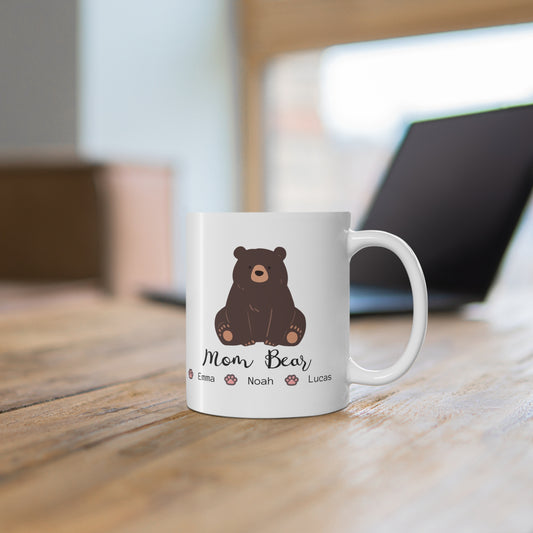 Personalized Mama Bear Mug – Kids Names Coffee Mug – Custom Mom Bear Mug with Paw Prints – Gift for Mom, Grandma, Nana