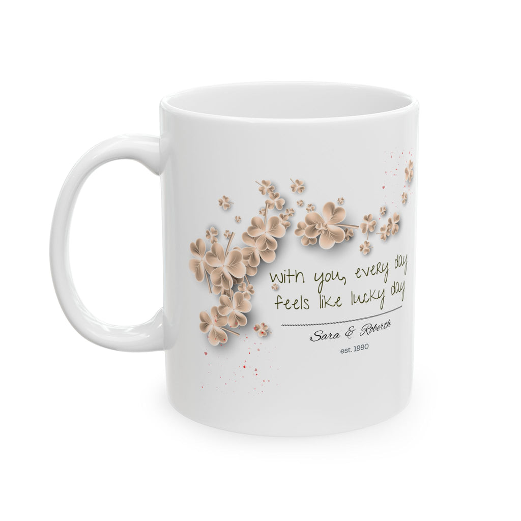 Personalized Vintage Clover Mug – Custom Couple Names & Date – Lucky Love Gift – St. Patrick’s Day, Anniversary & Relationship Present