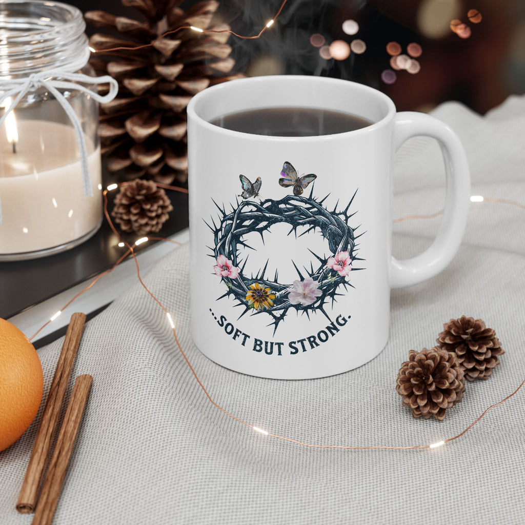 Soft But Strong Mug – Faith Inspired Christian Coffee Cup with Crown of Thorns
