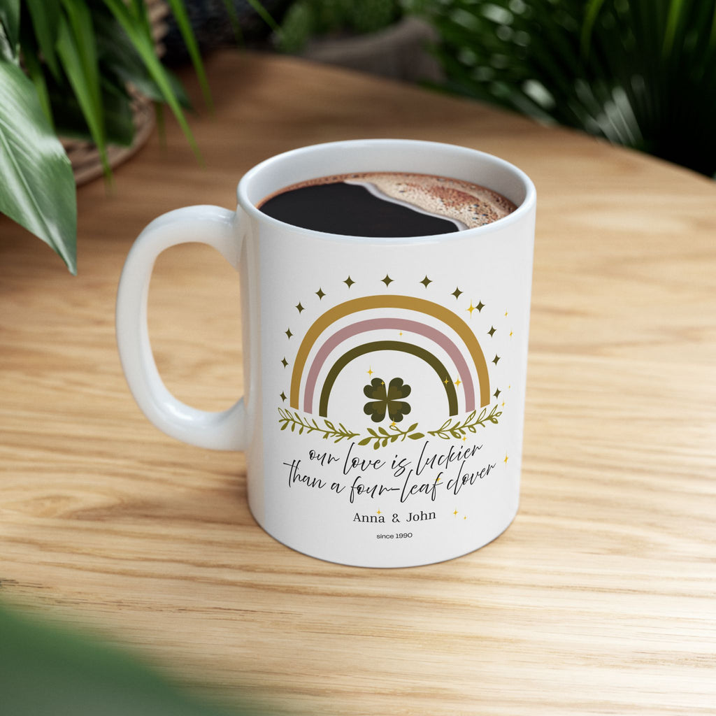 Personalized Vintage Rainbow Clover Mug – “Our Love Is More Lucky Than the Clover Leaf” – Custom Name & Year Gift – Lucky St. Patrick’s Day Mug