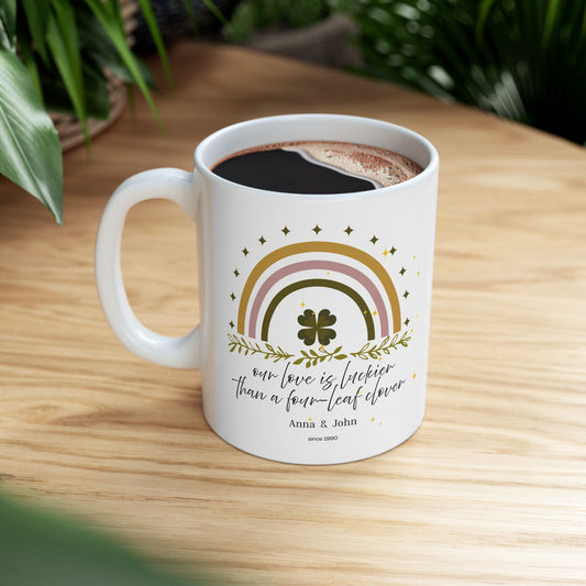 Personalized Vintage Rainbow Clover Mug – “Our Love Is More Lucky Than the Clover Leaf” – Custom Name & Year Gift – Lucky St. Patrick’s Day Mug