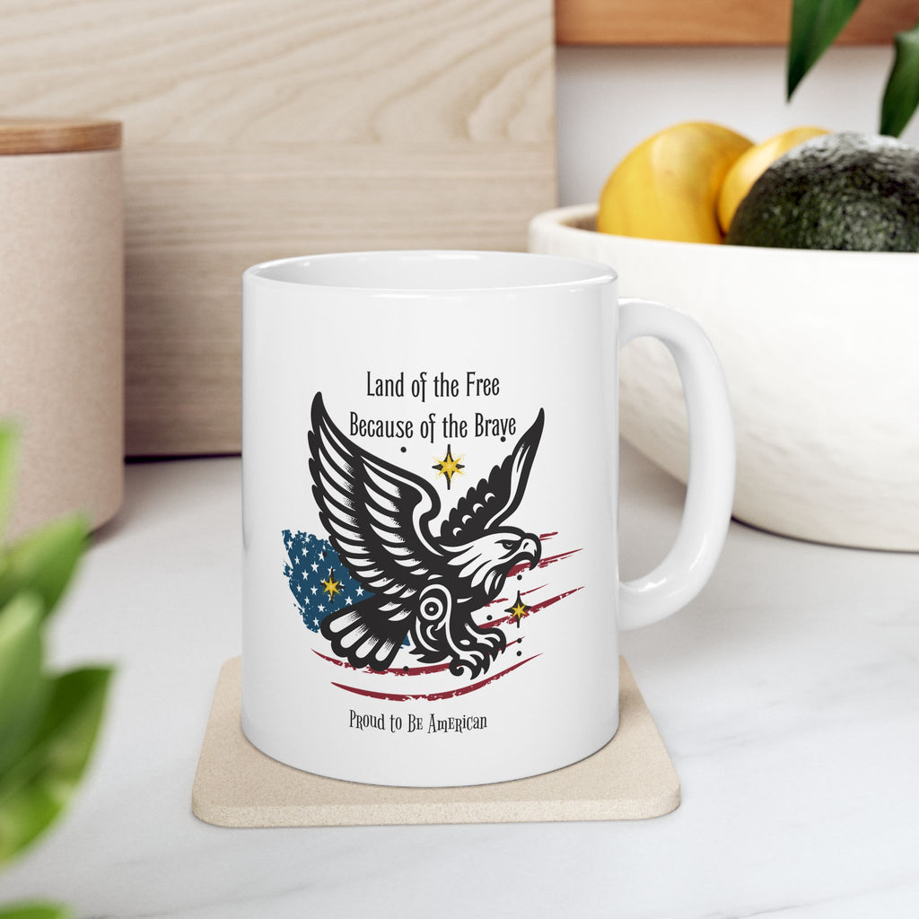 Patriotic Eagle Mug – Land of the Free Because of the Brave, Proud to Be American Coffee Mug, USA Flag Freedom Gift, 4th of July Mug