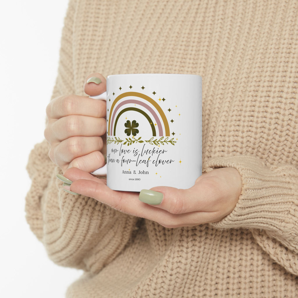 Personalized Vintage Rainbow Clover Mug – “Our Love Is More Lucky Than the Clover Leaf” – Custom Name & Year Gift – Lucky St. Patrick’s Day Mug