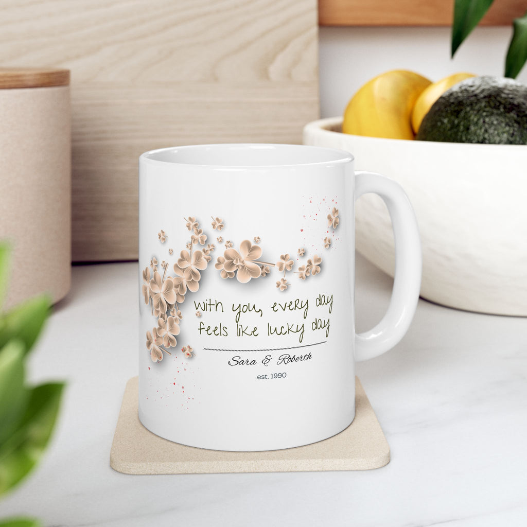 Personalized Vintage Clover Mug – Custom Couple Names & Date – Lucky Love Gift – St. Patrick’s Day, Anniversary & Relationship Present