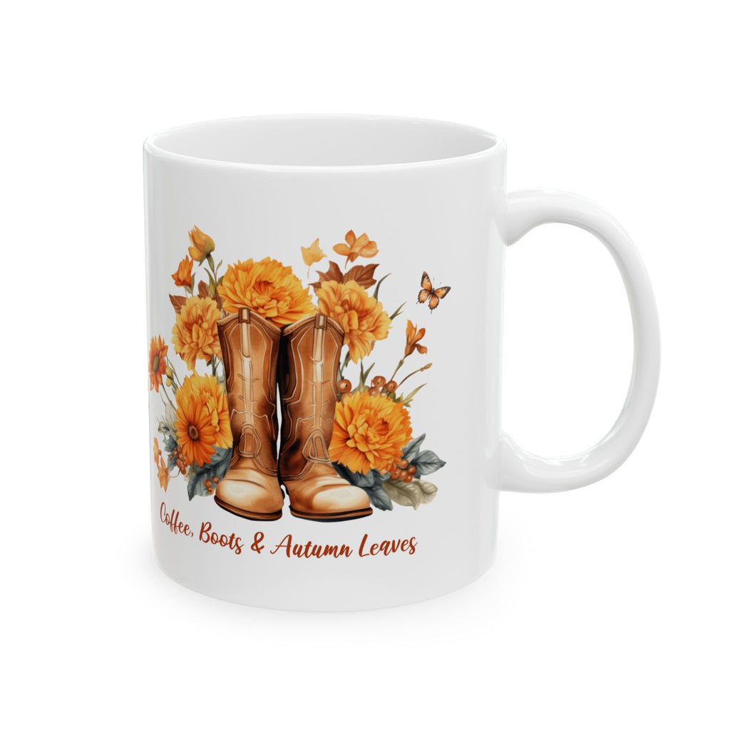Coffee Boots & Autumn Leaves Mug | Fall Coffee Mug | Western Autumn Mug | Sunflower Fall Coffee Cup | Cozy Fall Gift for Women