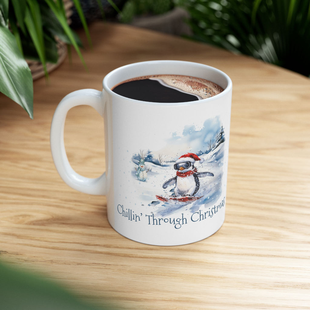 Chillin’ Through Christmas Penguin Mug – Funny Holiday Gift,Chillin’ Through Christmas penguin mug with watercolor winter design