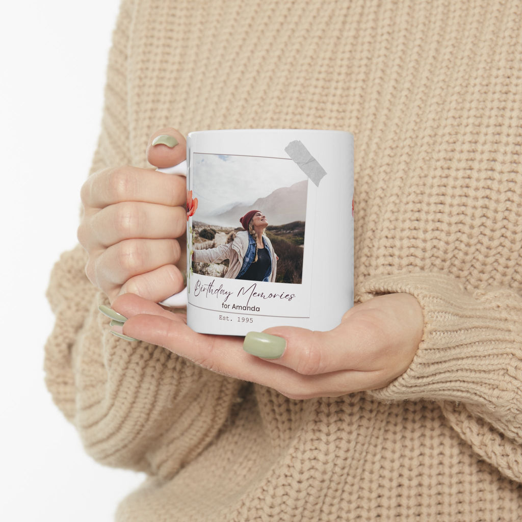 Personalized Birthday Photo Paper Mug – Vintage Floral Design, Custom Name & Year, Birthday Memories Keepsake Gift