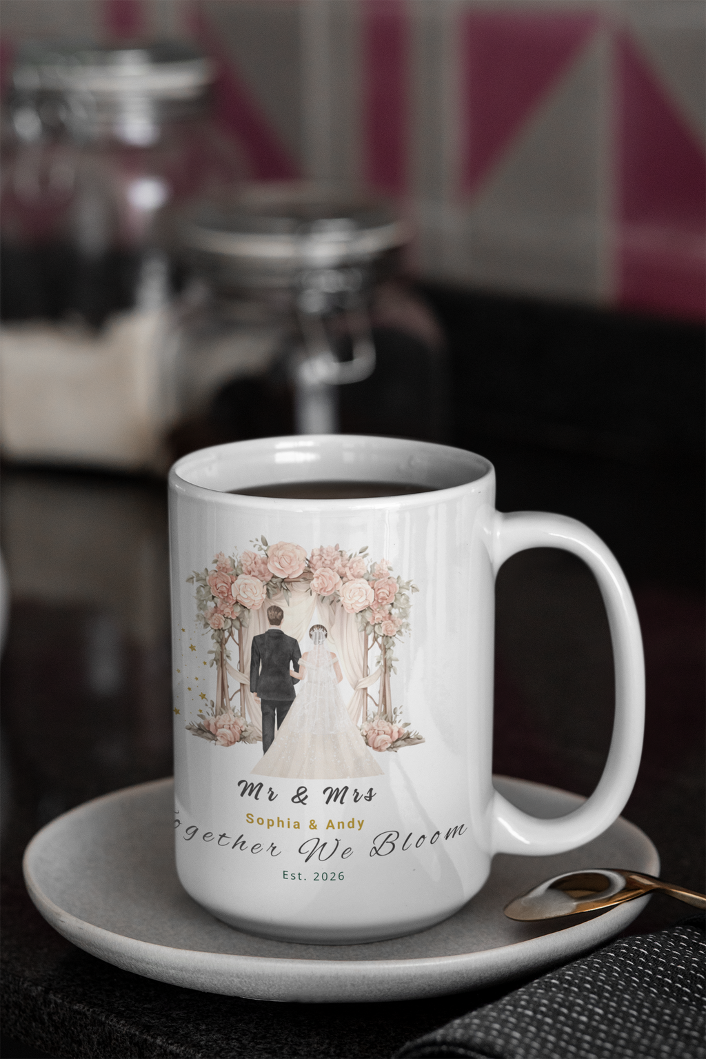 Personalized “Together We Bloom” Mug – Custom Couple Names & Year, Wedding & Anniversary 15oz Ceramic Coffee Mug