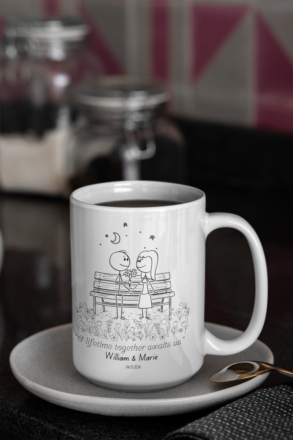 Personalized Wedding Mug for Couple – “A Lifetime Together Awaits Us” Custom Coffee Cup, Romantic Engagement Gift, Bride & Groom Mug with Names and Date