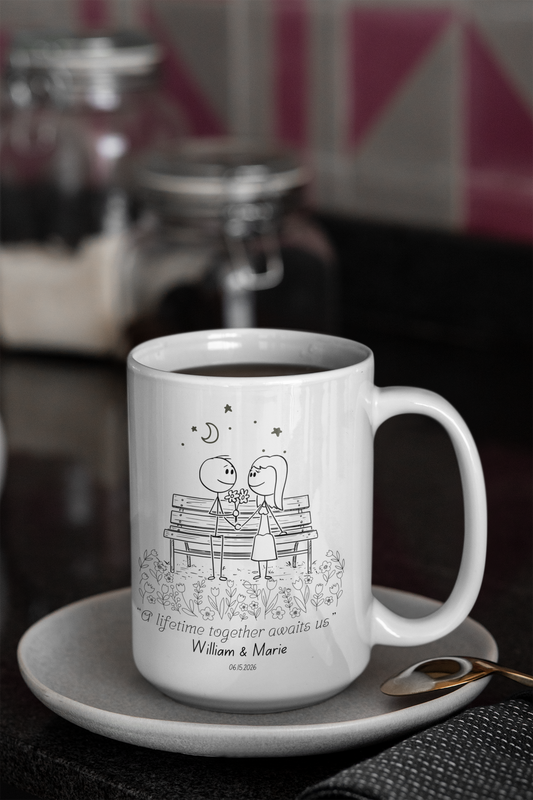 Personalized Wedding Mug for Couple – “A Lifetime Together Awaits Us” Custom Coffee Cup, Romantic Engagement Gift, Bride & Groom Mug with Names and Date