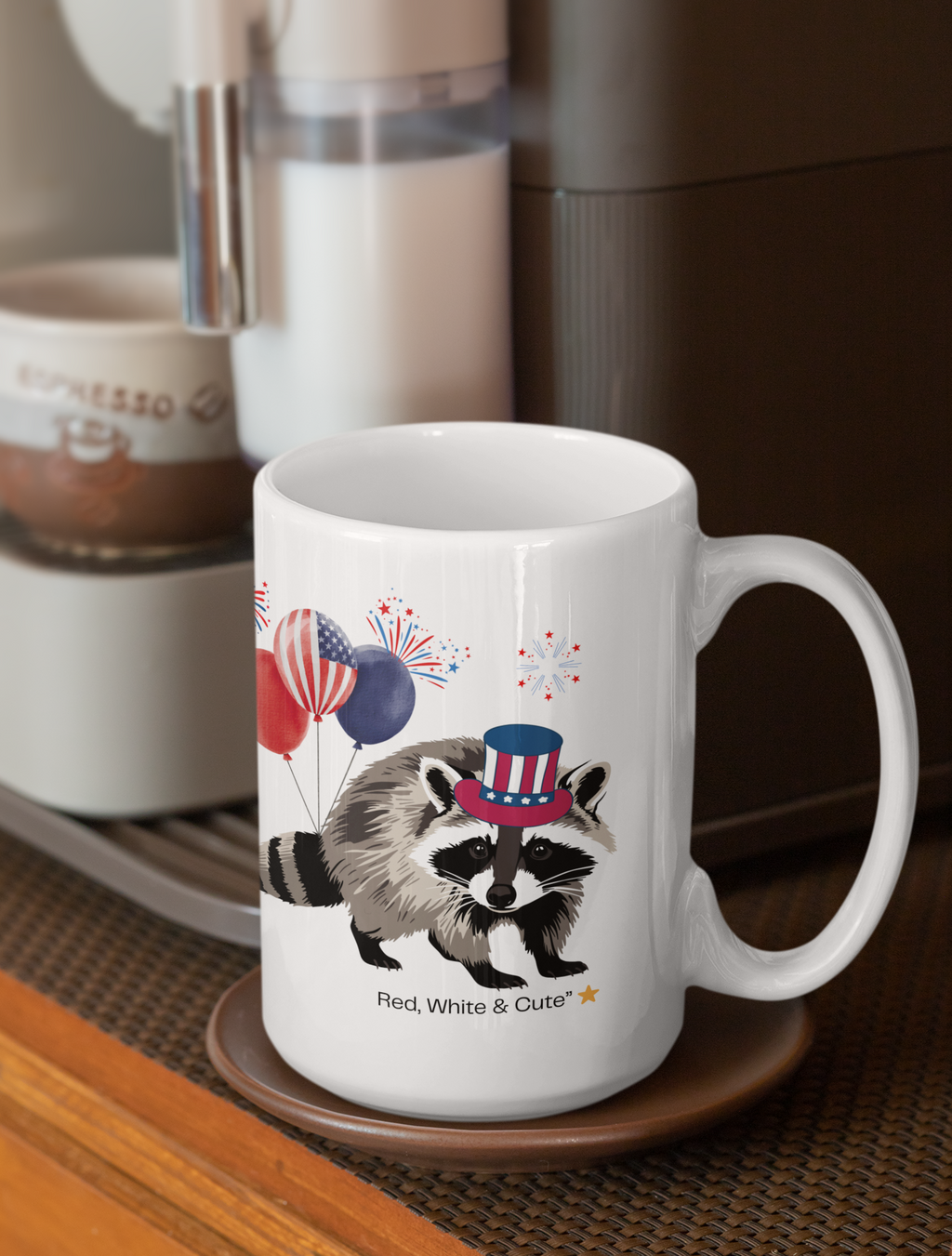 Patriotic Raccoon Mug – Red, White & Cute Design with Balloons, Fun USA Coffee Cup Gift