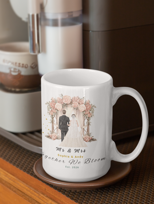 Personalized “Together We Bloom” Mug – Custom Couple Names & Year, Wedding & Anniversary 15oz Ceramic Coffee Mug