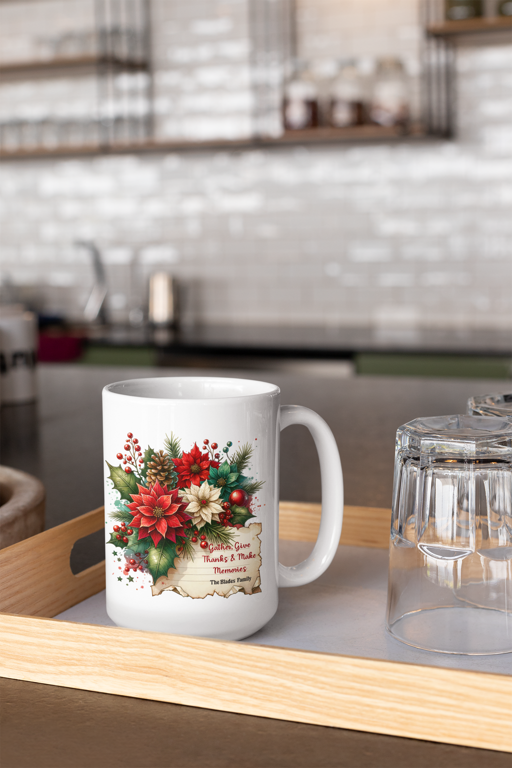 Personalized Christmas Family Mug, Custom Holiday Poinsettia Mug with Name, Thanksgiving Gift Mug