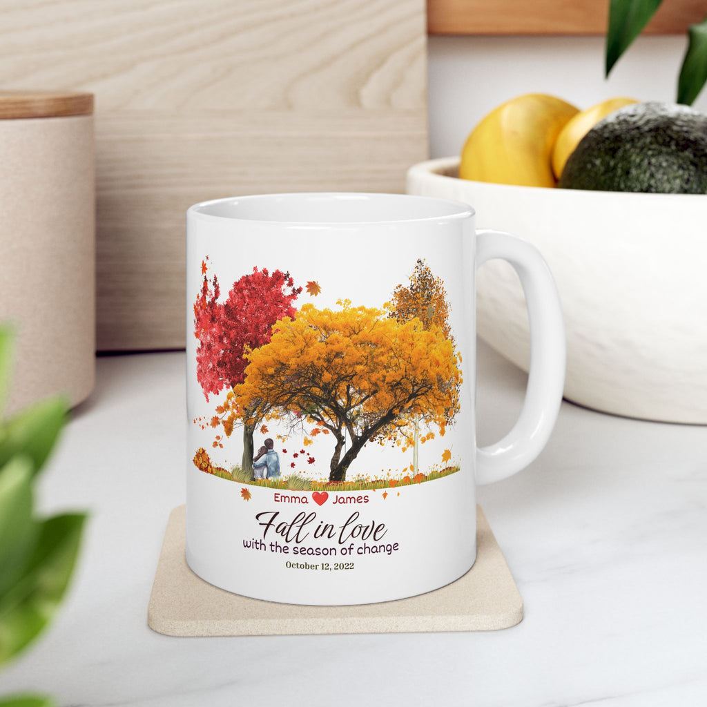 Personalized Fall Couple Mug | Custom Autumn Coffee Mug with Names & Date | Anniversary Gift for Couples | Watercolor Fall Trees Mug