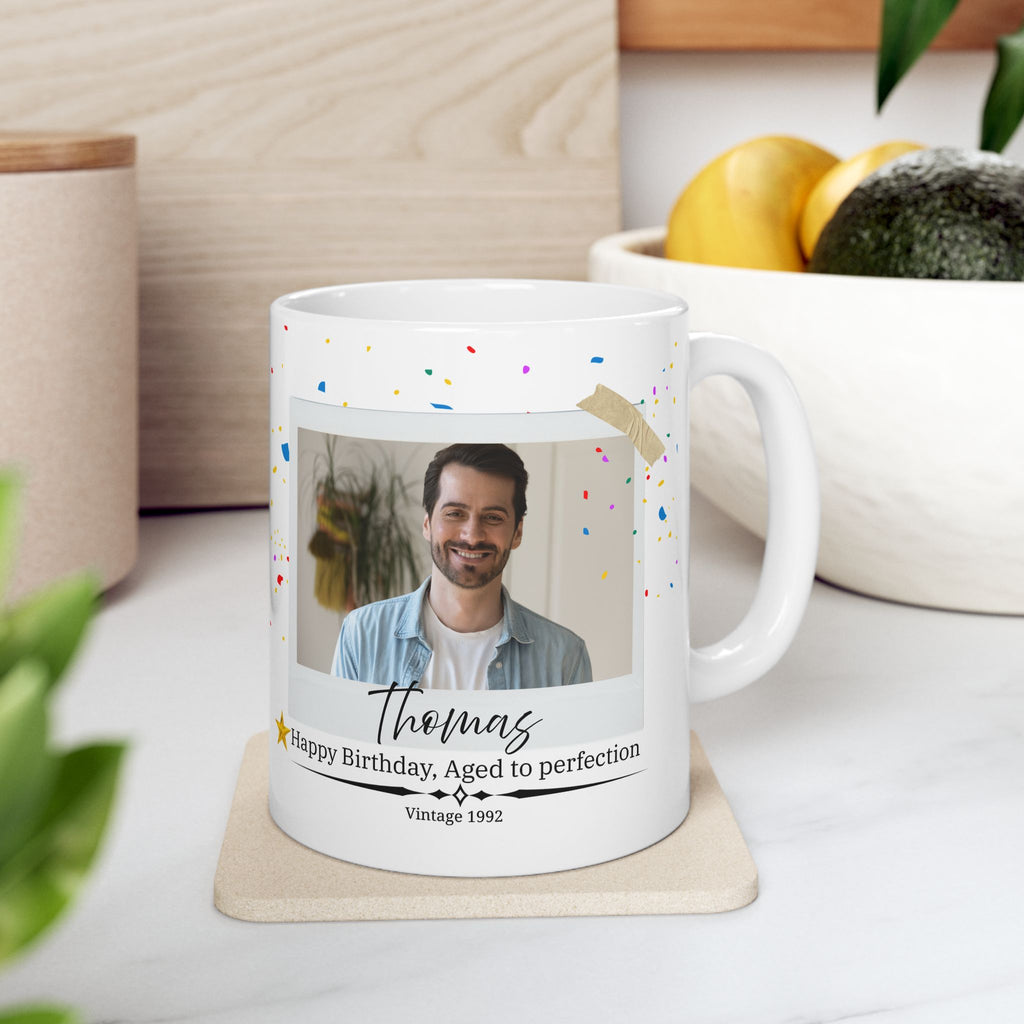 Personalized Vintage Birthday Mug – Aged to Perfection Camera Photo Design with Year