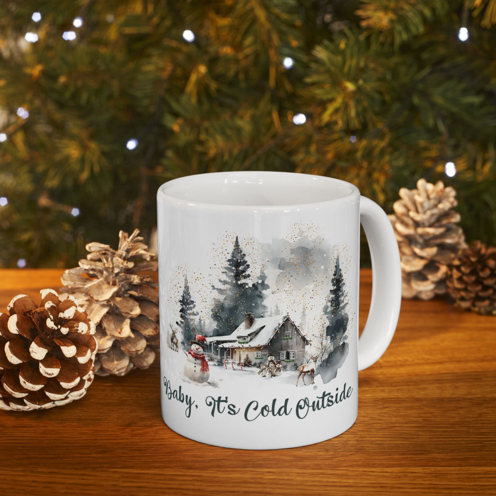 Baby It's Cold Outside Mug | Cozy Winter Coffee Mug | Christmas Cabin Watercolor Mug | Snowy Cottage Ceramic Cup | Holiday Gift