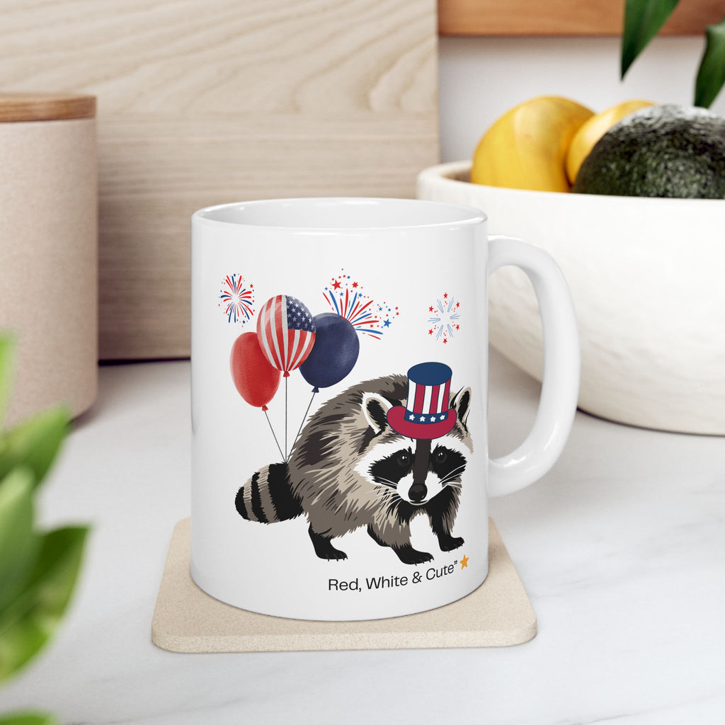 Patriotic Raccoon Mug – Red, White & Cute Design with Balloons, Fun USA Coffee Cup Gift