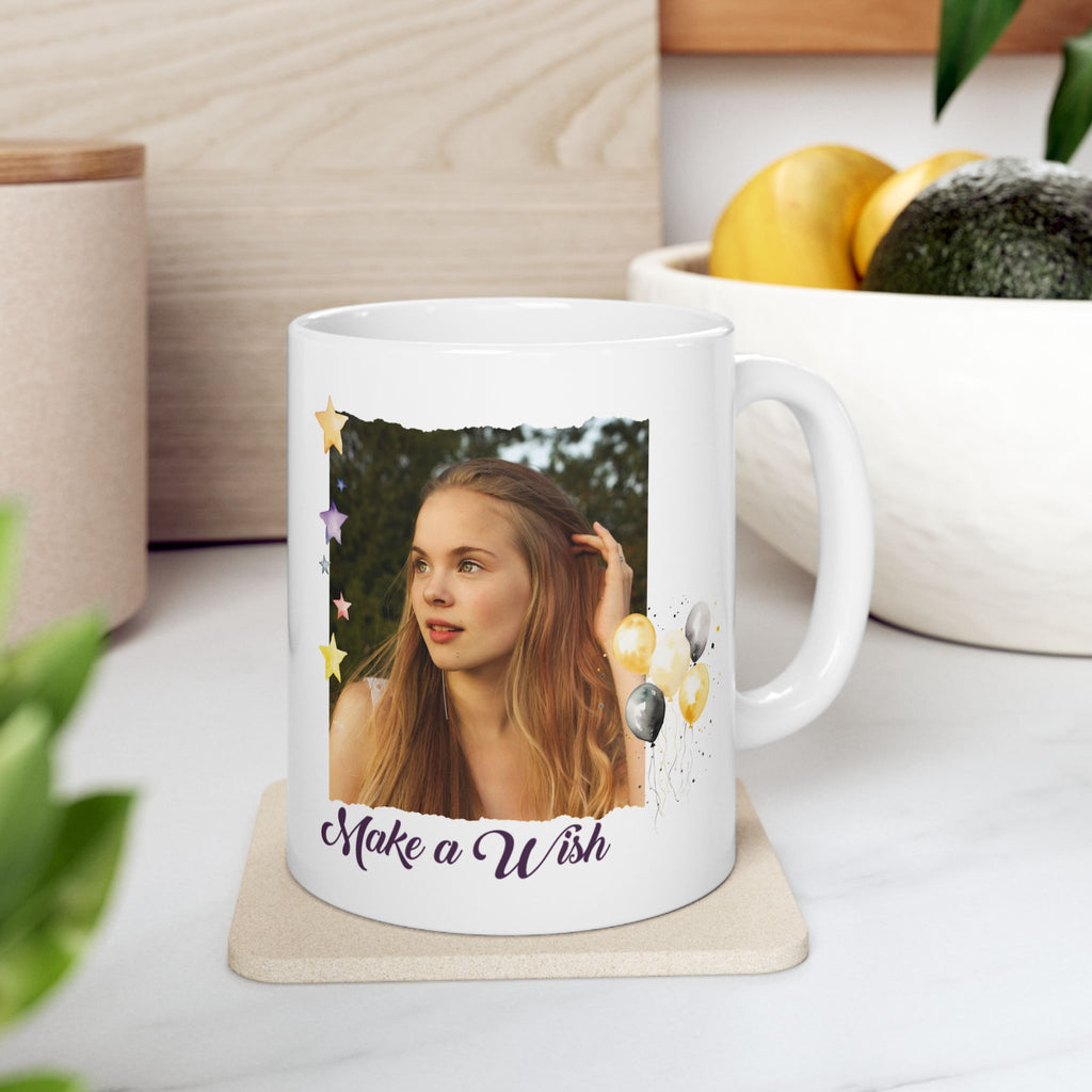 Custom Photo Birthday Mug - Personalized "Make a Wish" Coffee Mug with Picture & Balloons, Personalized Photo Mug for Birthday - "Make a Wish" Custom Picture Coffee Cup