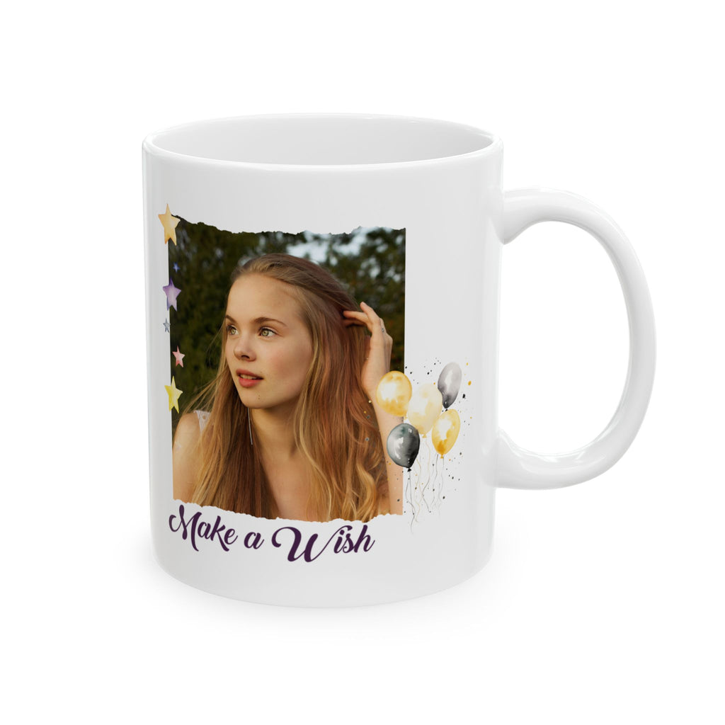Custom Photo Birthday Mug - Personalized "Make a Wish" Coffee Mug with Picture & Balloons, Personalized Photo Mug for Birthday - "Make a Wish" Custom Picture Coffee Cup