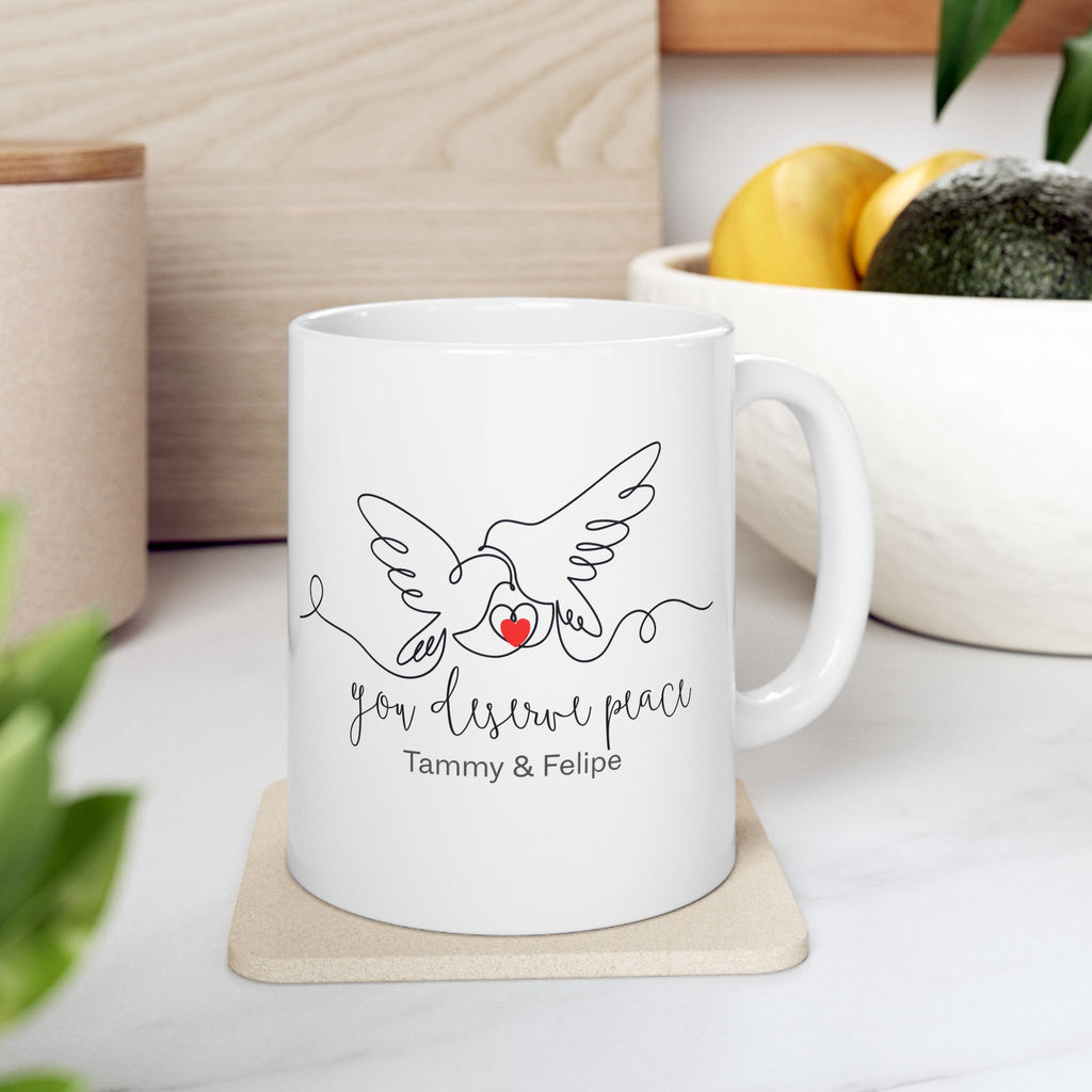 Personalized Dove Couple Mug – You Deserve Peace Line Art Love Mug with Names