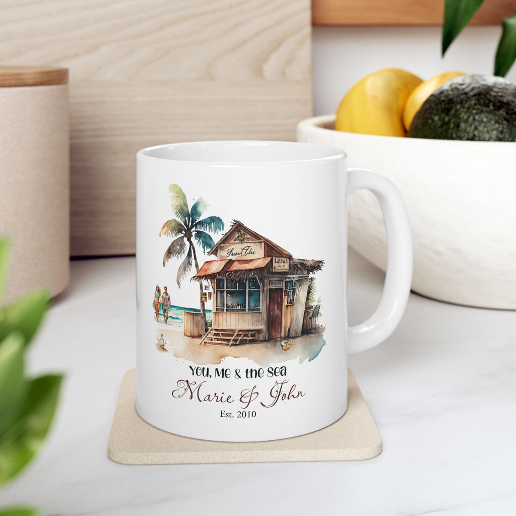 Personalized Couple Beach Mug – Custom Names and Date Anniversary Gift, Personalized Couple Beach Mug | Anniversary Gift