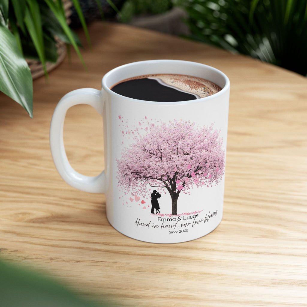 Personalized Couple Mug – Vintage Blossom Tree Love Gift with Names and Date
