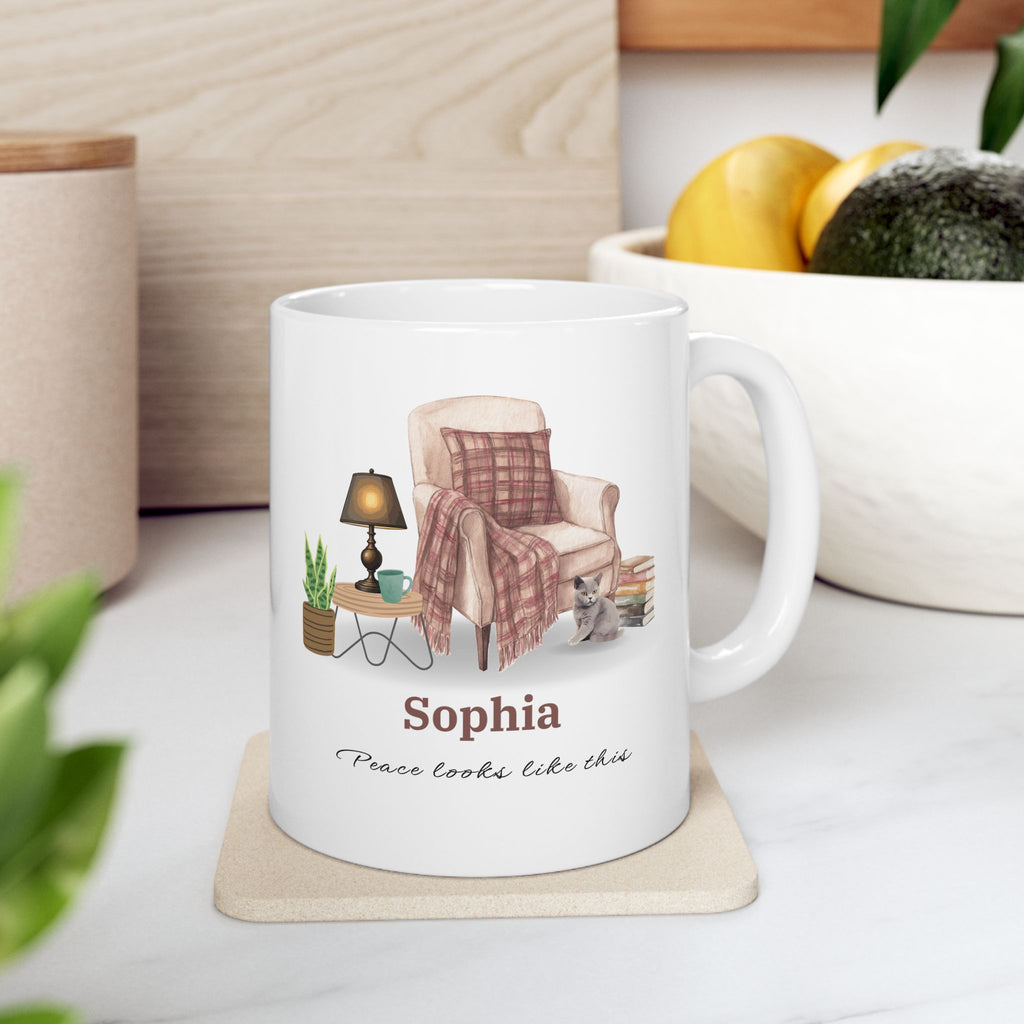 Personalized Cozy Cat Mug – Custom Name Coffee Cup, Peace Looks Like This Mug, Cat Lover Gift, Self Care Aesthetic Mug, Gift for Her