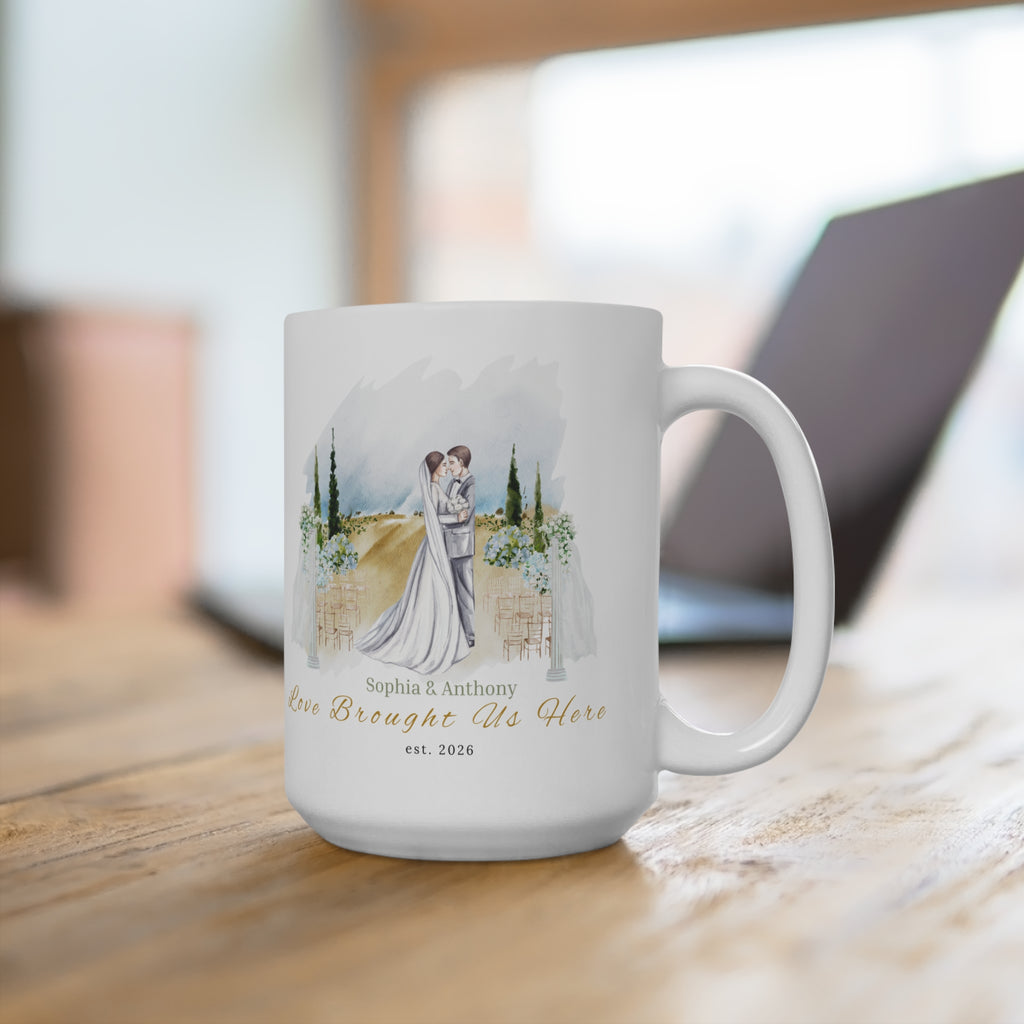 A roomy 15oz ceramic mug that holds morning coffee, late-night tea, and quiet moments together. The artful watercolor scene shows a newlywed couple embraced against a soft pastoral backdrop — gentle greens, warm fields, and a hint of sky —