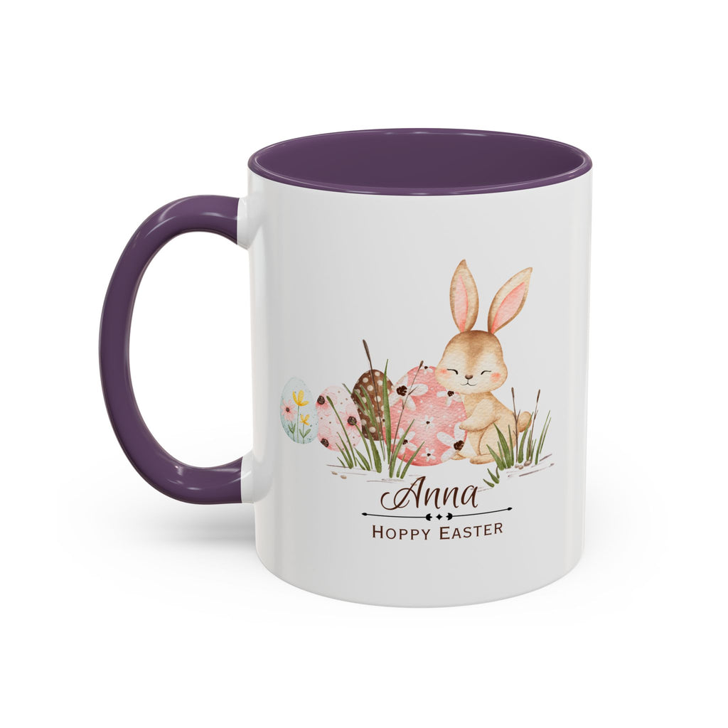 Personalized Easter Bunny Coffee Mug – Custom Name Accent Mug – “Hoppy Easter” Cute Bunny Mug – Easter Gift – Choose Your Favorite Color (11oz)