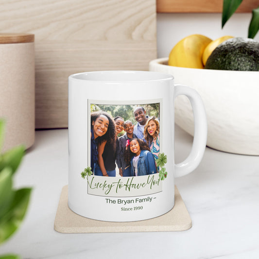 Personalized Family Photo Mug – Lucky to Have You – Custom Names & Date – Clover Keepsake Gift – Meaningful Family Coffee Cup