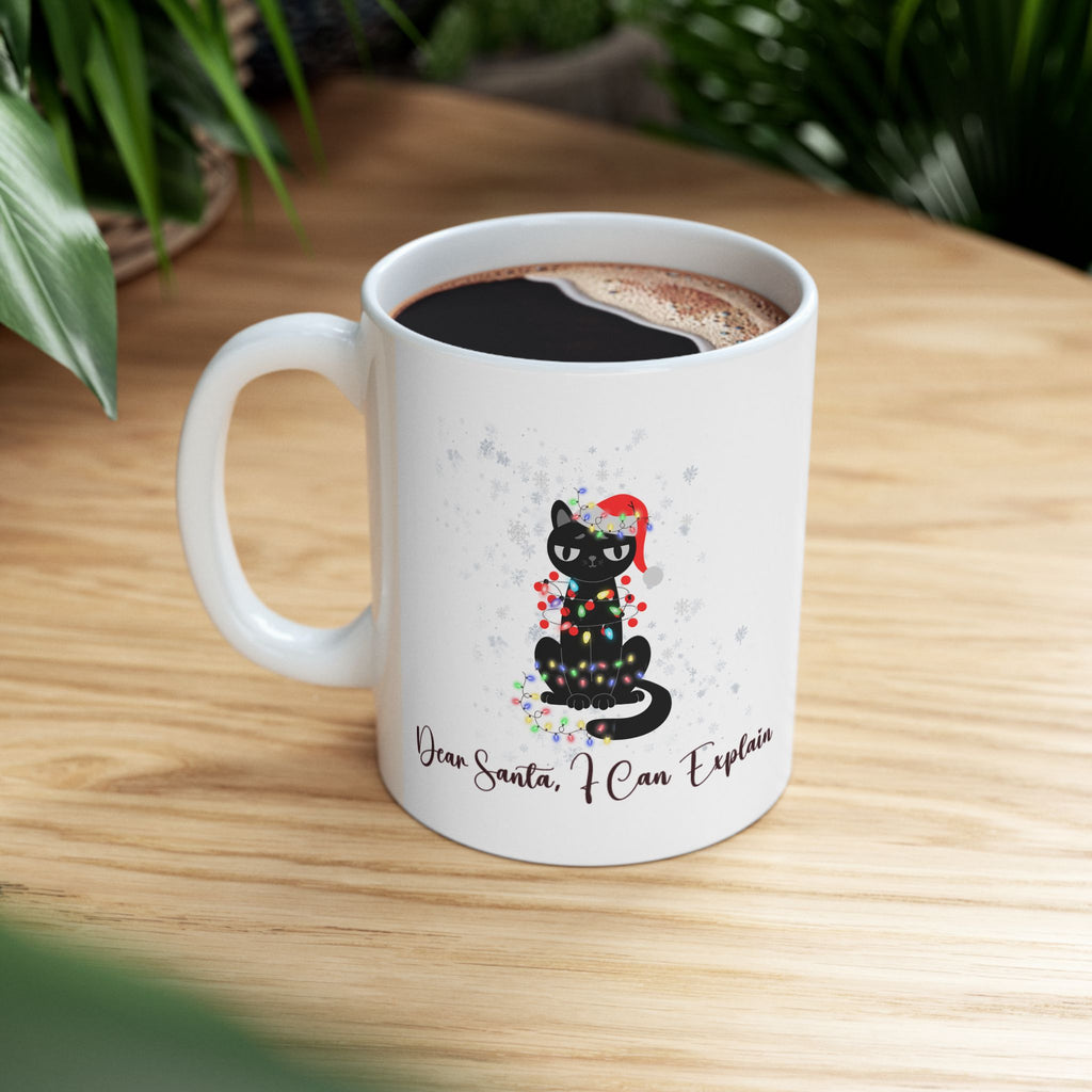 Funny Christmas Cat Mug - "Dear Santa, I Can Explain" Ceramic Coffee Cup - Holiday Gift for Cat Lovers