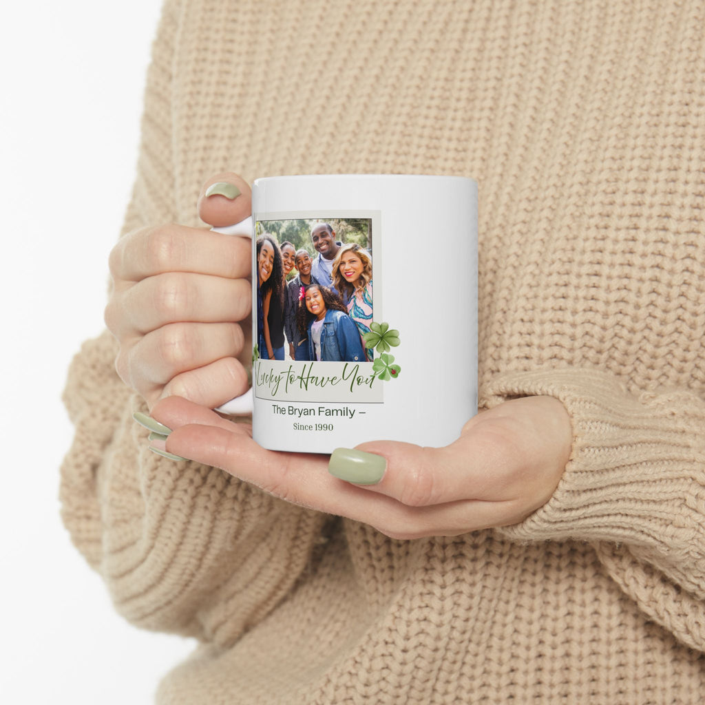 Personalized Family Photo Mug – Lucky to Have You – Custom Names & Date – Clover Keepsake Gift – Meaningful Family Coffee Cup