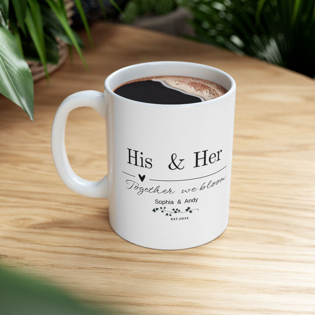 His & Her Personalized Mug – Together We Bloom, Custom Names & Date, Romantic Gift for Valentine’s Day, Anniversary & Wedding