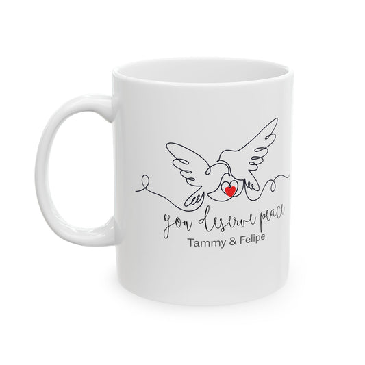 Personalized Dove Couple Mug – You Deserve Peace Line Art Love Mug with Names