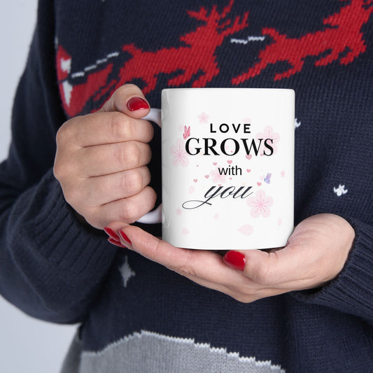 Love Grows With You Mug – Floral Heart Romantic Coffee Cup, Valentine’s Day, Anniversary & Wedding Gift