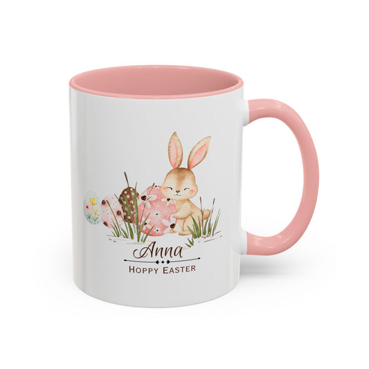 Personalized Easter Bunny Coffee Mug – Custom Name Accent Mug – “Hoppy Easter” Cute Bunny Mug – Easter Gift – Choose Your Favorite Color (11oz)